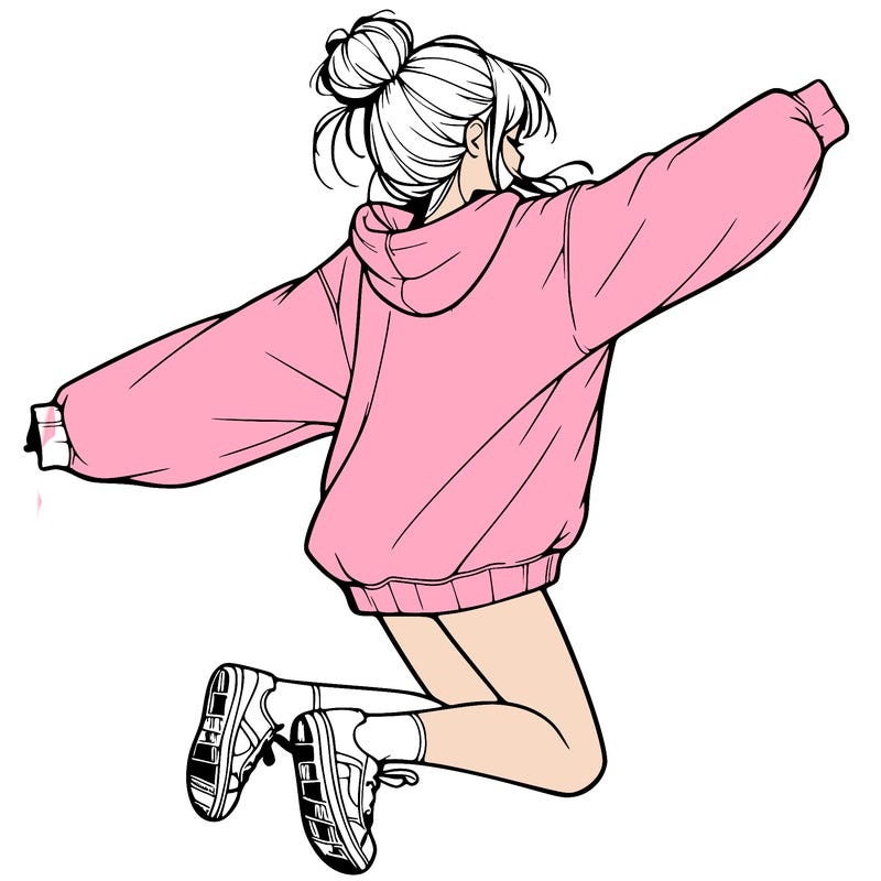 realistic girl jumping with a bun and oversized sweatshirt