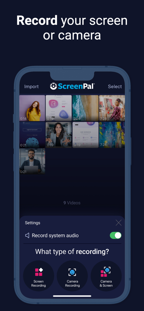 Interfaz de la aplicación ScreenPal mostrando opciones para grabar pantalla, grabar cámara y grabar combinado