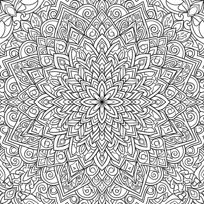 Discover the mesmerizing beauty of kaleidoscope patterns with this intricate radial design, perfect for a relaxing and engaging coloring experience. Explore symmetrical shapes and fine lines, transforming this blank canvas into a vibrant masterpiece.