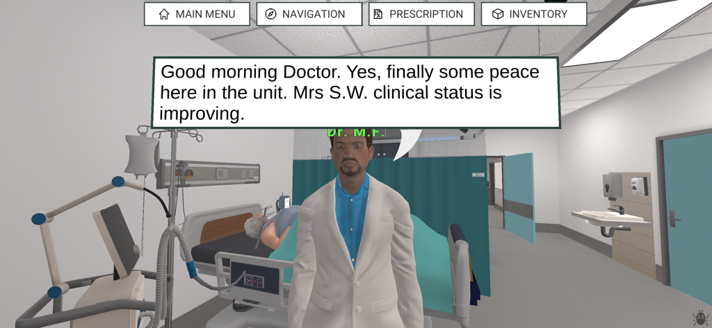 3D-Krankenhaussimulation, die einen Arzt zeigt, der in einer Klinikstation über den Patientenstatus spricht