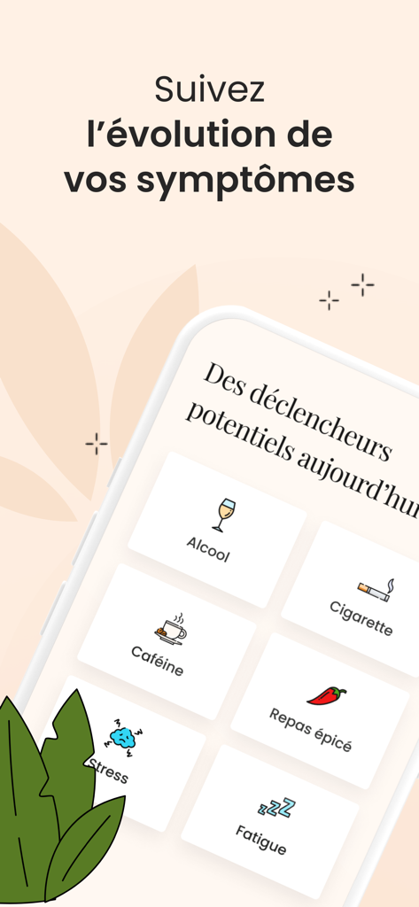 Omena app screen showing a symptom tracker for potential triggers like caffeine stress and fatigue