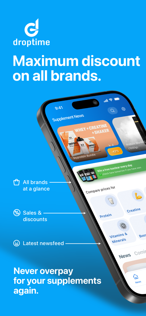 Pantalla de inicio de la app Droptime que muestra descuentos de suplementos, comparación de precios, categorías y noticias de fitness más recientes