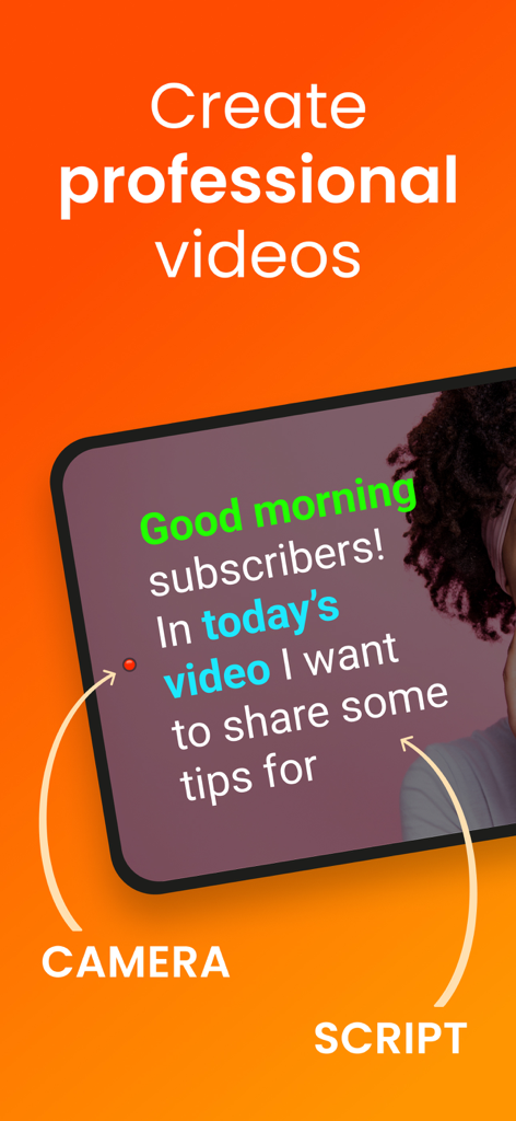 Teleprompter for Video - iPhone screen displaying a teleprompter script next to the camera lens for recording professional videos