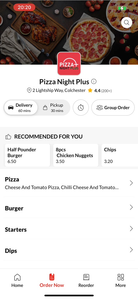 Pizza Night Plus - Pizza Night Plus mobile app home screen showing food menu and delivery options