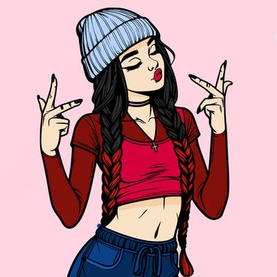 realistic teenage girl with braids and a beanie and crop top doing 🫶🏼