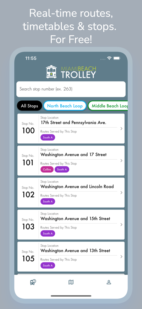 Miami Beach Trolley Tracker - Una lista de paradas y rutas de trolley en la aplicación Miami Beach Trolley Tracker.