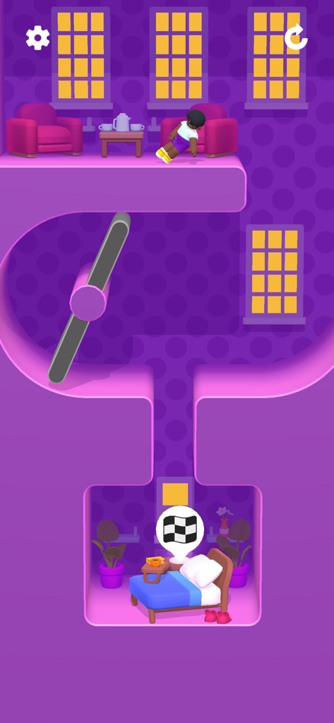 Lazy Jump 3D - Un personaje de muñeco de trapo cae a través de un nivel de puzzle de física morado en Lazy Jump 3D