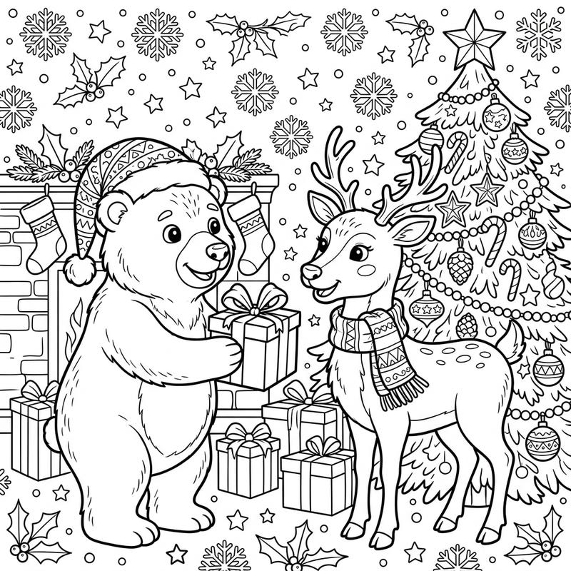 Discover the joy of the holidays with this charming coloring page featuring a friendly bear and a sweet deer exchanging gifts. It's the perfect festive scene to bring to life with your favorite colors.