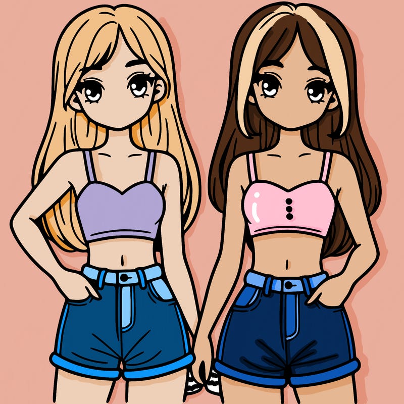 two sisters with crop tops and jean shorts and straight hair