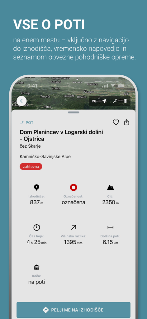 APPEAK - APPEAK mobile app screen displaying hiking route details including elevation gain walking time and distance stats