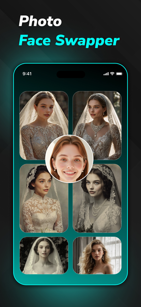 Face Swap - AI Photo Editor - ウェディングドレスの写真テンプレートを示すAI顔交換アプリ
