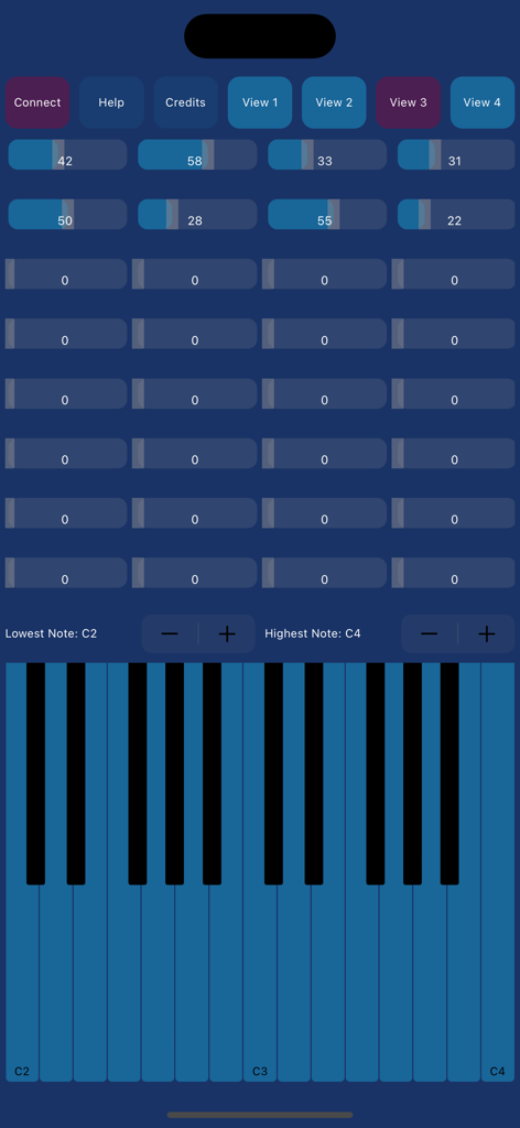 Interfaz móvil de Bluetooth MIDI Controller Pro con un teclado de piano y múltiples deslizadores de control