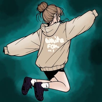 realistic girl jumping with a bun and oversized sweatshirt