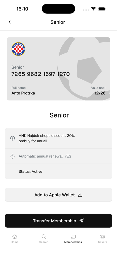 Sportify - A digital sports club membership card screen in the Sportify app showing membership details and Apple Wallet integration