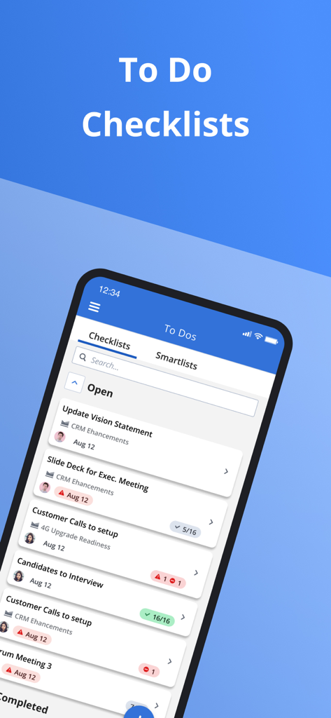 Clarity by Broadcom - Clarity von Broadcom Mobile App-Oberfläche, die unternehmensweite To-Do-Listen und Projektchecklisten anzeigt