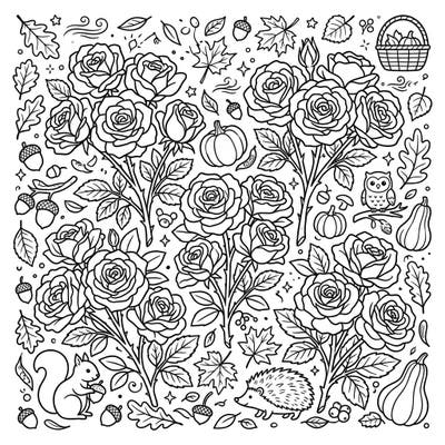 Celebrate the cozy charm of autumn with this beautiful coloring page featuring abundant Floribunda roses. Discover a rich tapestry of fall foliage, pumpkins, and delightful woodland friends ready for your creative touch.