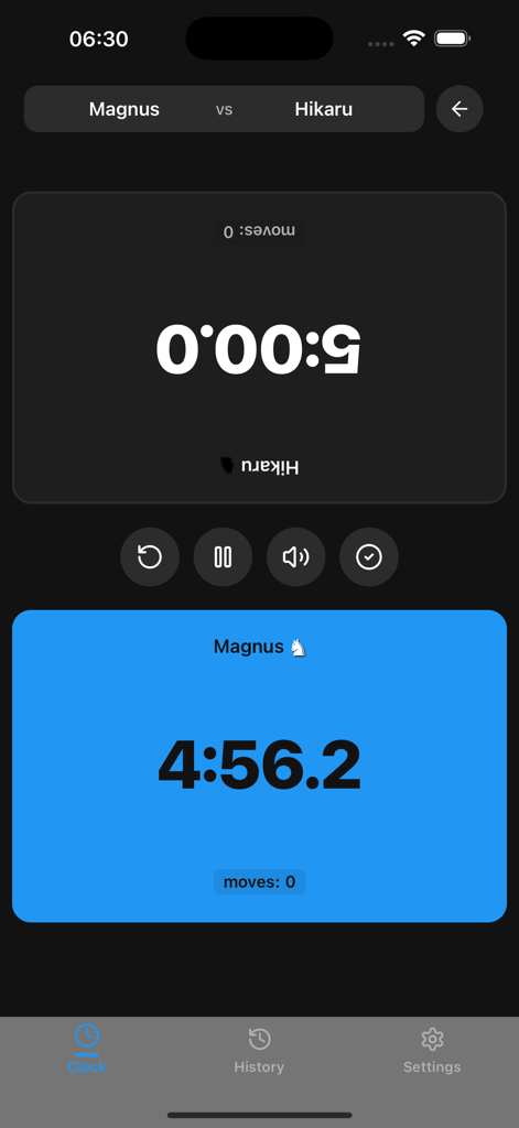 Grandmaster Chess Clock - Grandmaster Chess Clock digital timer interface in dark mode featuring a match between Magnus and Hikaru