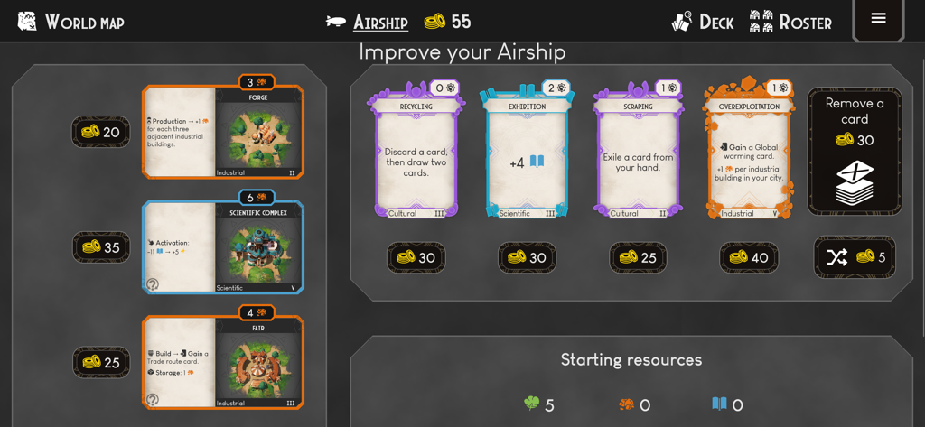 Dawnmaker - Gameplay screen of Dawnmaker showing the airship upgrade menu with various strategic card options and resource management tools.