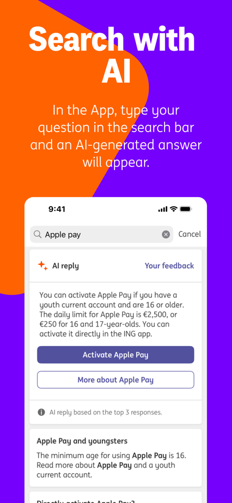 Una captura de pantalla de la aplicación ING Países Bajos que muestra la función 'Buscar con IA' proporcionando información sobre cómo activar Apple Pay.