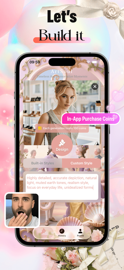 Dron - Artful Joy - Smartphone-Bildschirm zeigt die Dron Artful Joy-App-Oberfläche zum Erstellen benutzerdefinierter KI-Kunst mit Text-Prompts.