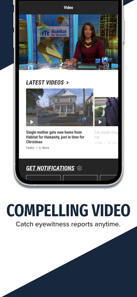 WAVY TV 10 news app interface showing a news anchor and community video stories.