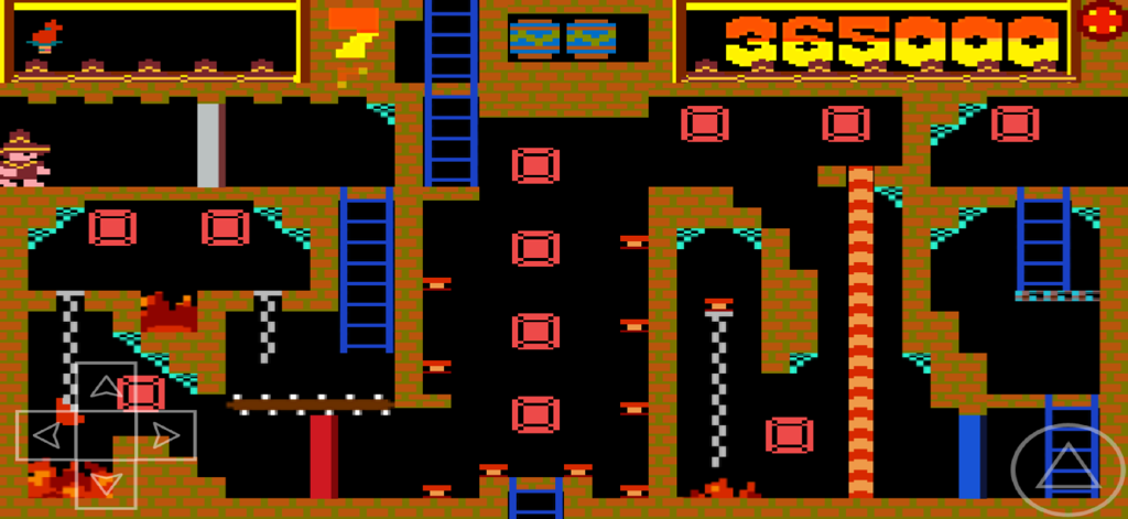 モンテズマ ディレクターズカットのレトロ8ビットゲームプレイ画面。走査線エフェクト付きのピラミッドにいるキャラクターのペドロが登場。