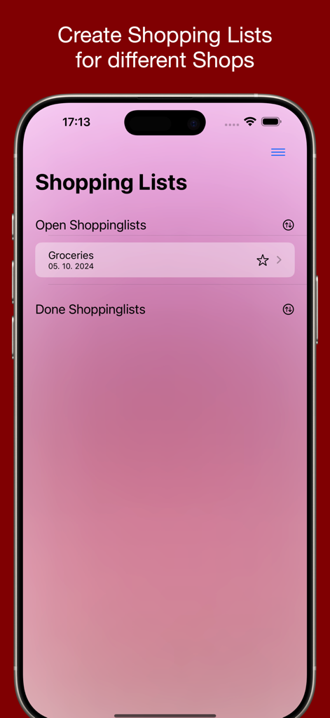 Shopping List For Me - Interfaz principal de la aplicación Lista de Compras Para Mí mostrando listas de compras abiertas y completadas en un iPhone.