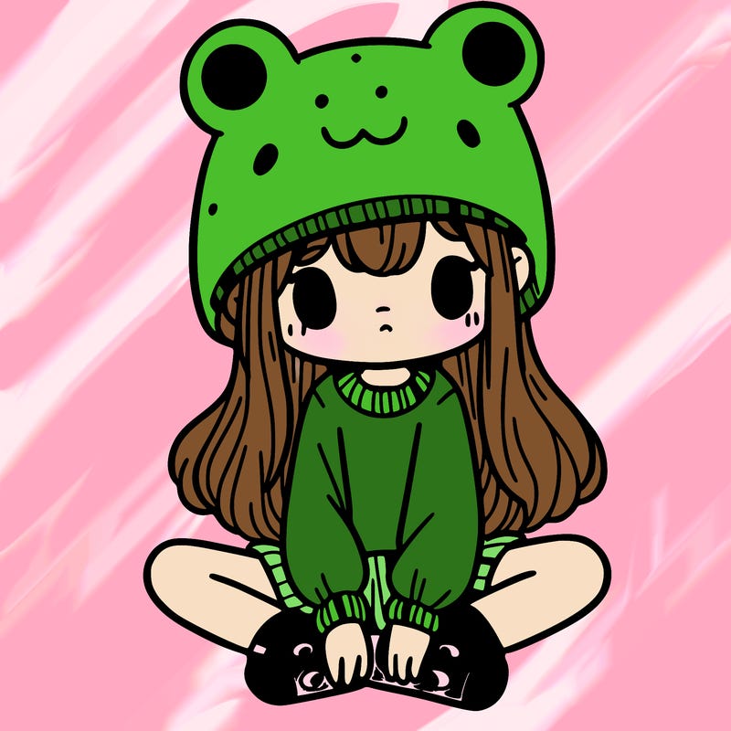 a girl wearing a frog hat and some frog socks