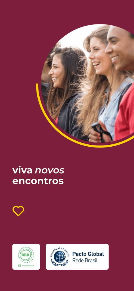 DeÔnibus - Passagens de Ônibus - Group of happy young travelers with the text viva novos encontros and sustainability seals