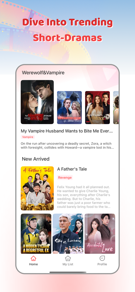 Smartphone screen showing VitaShorts app interface with trending short dramas and romance stories