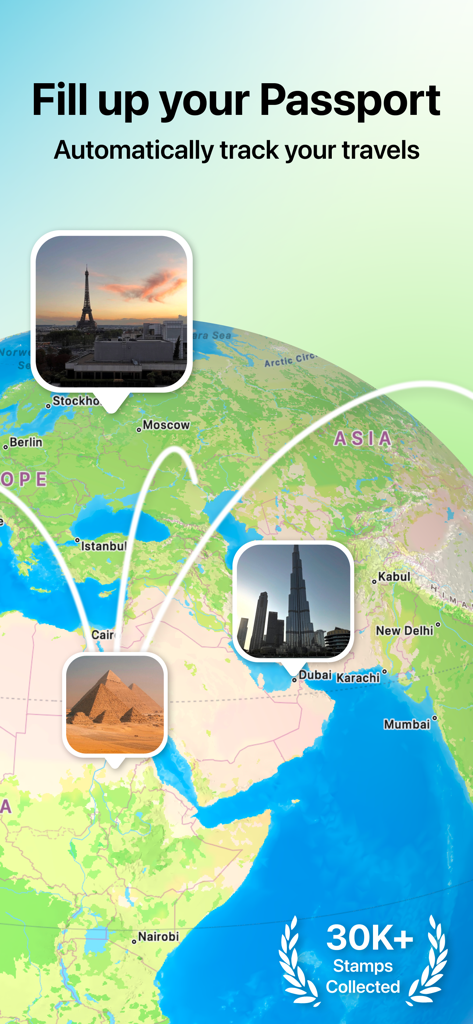 Mobile app interface showing a globe map with travel photo pins and a stamps collected badge