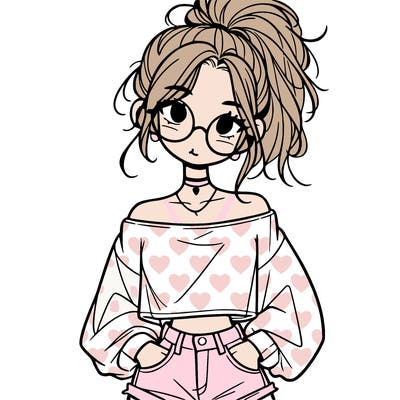 girl with a messy ponytail glasses a baggy crop top and jean shorts