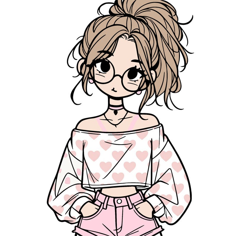 girl with a messy ponytail glasses a baggy crop top and jean shorts