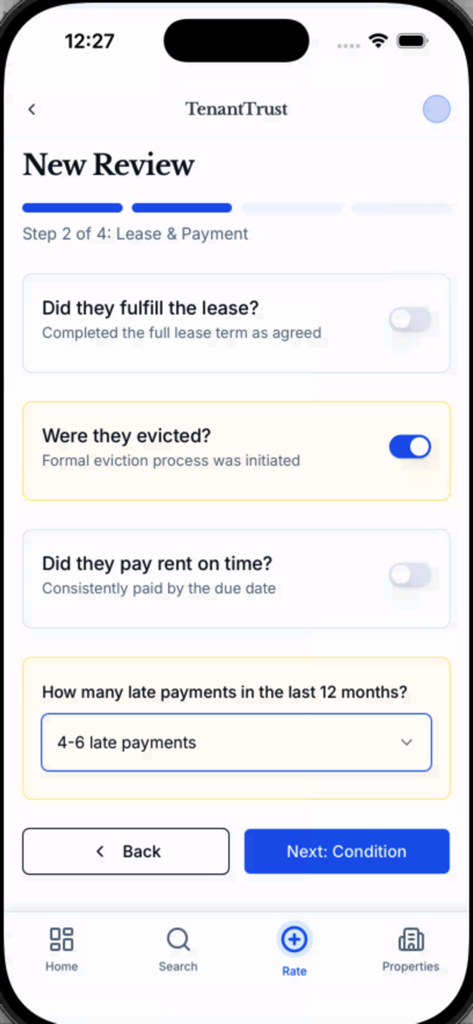 TenantTrust for Landlords - A screenshot of the TenantTrust for Landlords app showing the Lease and Payment review section.