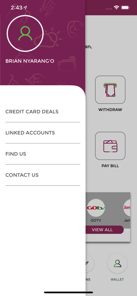 VOOMA - Side menu of the VOOMA digital banking app showing user profile and account options