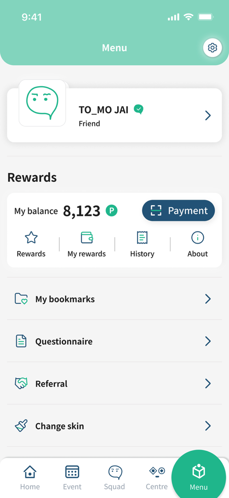 TO_MO by 21C@JC - Schermata del profilo utente e del menu nell'app TO_MO che mostra il saldo dei punti premio e le impostazioni dell'account