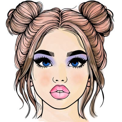realistic girl with two buns on her hair and lips