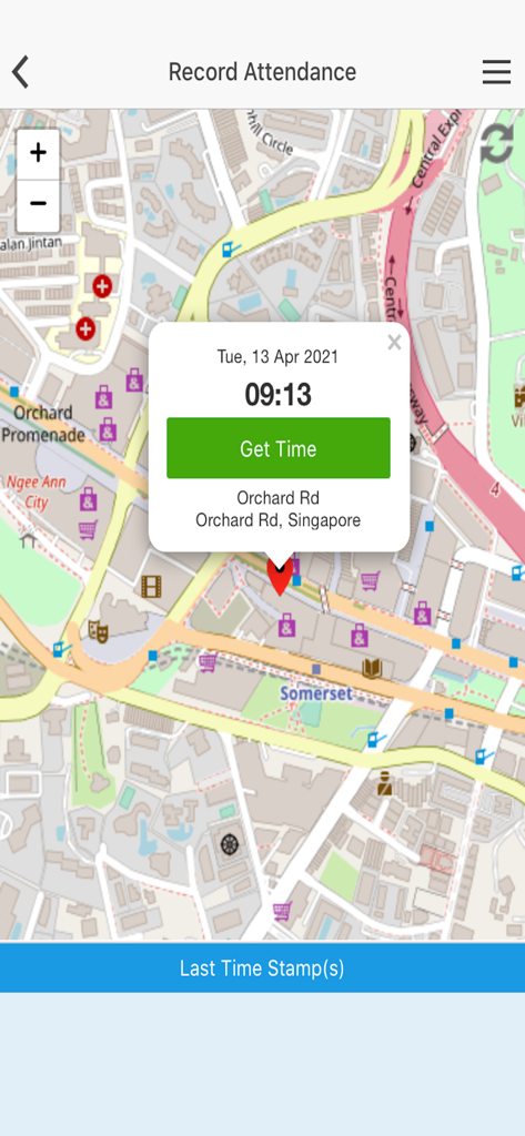 Pro-Int HRIS Mobile app screen showing a location-based attendance recording feature with a map and Get Time button