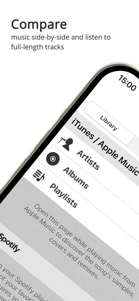 WhoSampled app screen for syncing Apple Music and Spotify libraries to discover samples and covers