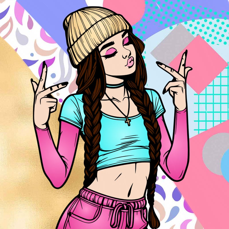 realistic teenage girl with braids and a beanie and crop top doing 🫶🏼