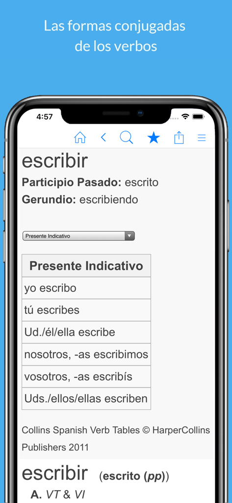 Diccionario español. - Interface of the Spanish dictionary app by Farlex showing the conjugation table for the verb escribir in the present indicative tense.