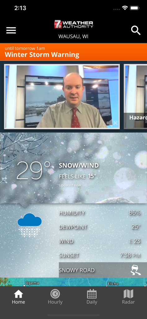 WSAW WZAW First Alert Weather app interface showing a winter storm warning and local meteorologist video for Wausau Wisconsin.