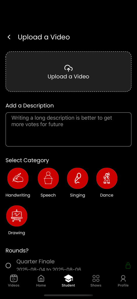 Interface for uploading audition videos in Talent Star Nepal app showing category options like singing and dancing