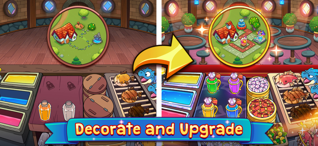 A side-by-side comparison showing how players can decorate and upgrade their magic cafe in Potion Punch 2
