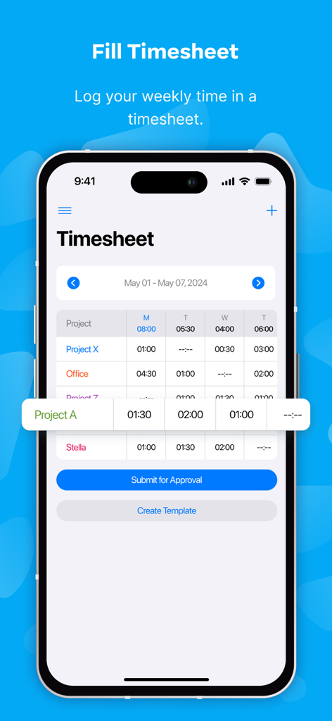 Clockify Time Tracker - Écran de l'application Clockify pour saisir et soumettre les feuilles de temps hebdomadaires par projet