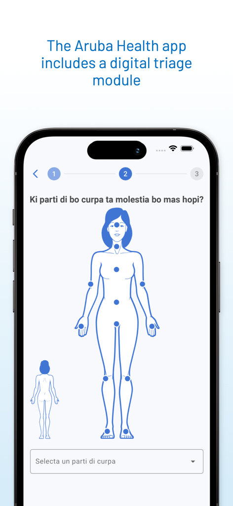 Digital triage module in the Aruba Health App showing a human body diagram to identify symptoms.
