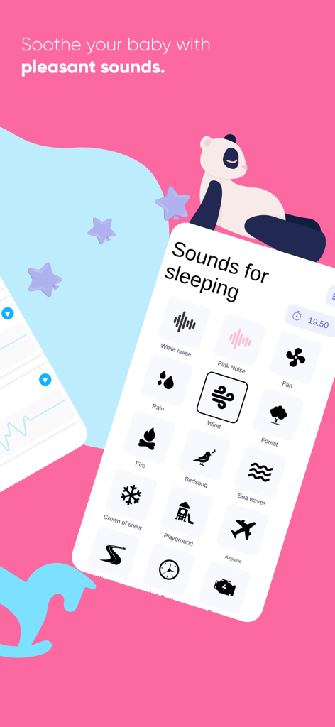 Interface showing various sleep sounds like white noise rain and wind in the Baby Translator app