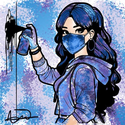 realistic girl with mask spray painting a wall