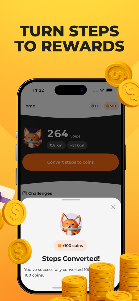 Scrambly의 모바일 앱 인터페이스로, 일일 걸음 수가 디지털 보상 코인으로 전환되는 것을 보여줌