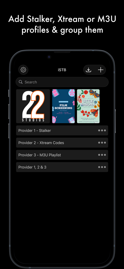 iSTB app interface displaying a list of Stalker Xtream and M3U IPTV provider profiles and profile groups